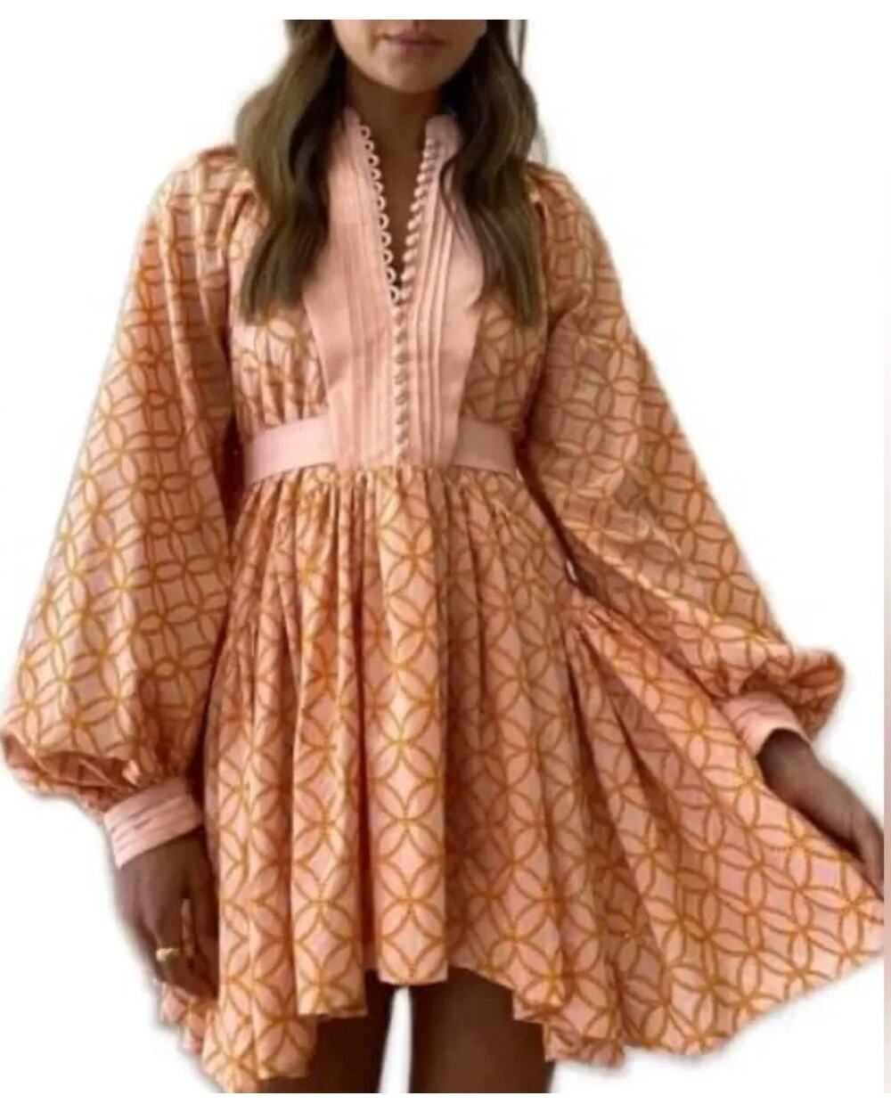 ASO fashions Boho Pattern Balloon Sleeve Dress in Peach and Pink